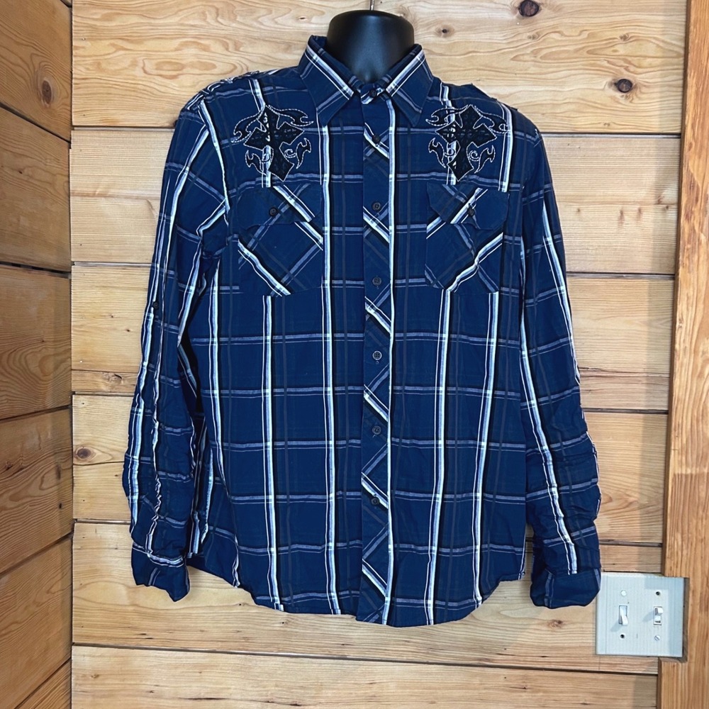 Plaid Embroidered Cross Shirt Mens Large Blue Western Eighty Eight Platinum